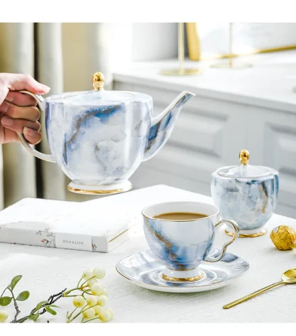 Elegant Marble-like Print Tea Set - Image 4